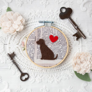 wool felt dog wall hanging in a 3 inch embroidery hoop