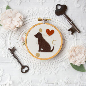 wool felt dog wall hanging in a 3 inch embroidery hoop