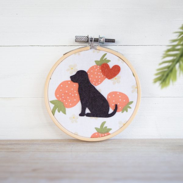 wool felt dog wall hanging in a 3 inch embroidery hoop