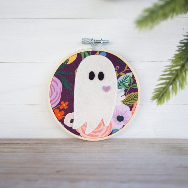 Wool felt ghost in an antique 4 inch embroidery hoop