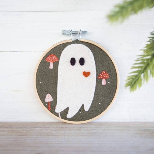 Wool felt ghost in an antique 4 inch embroidery hoop